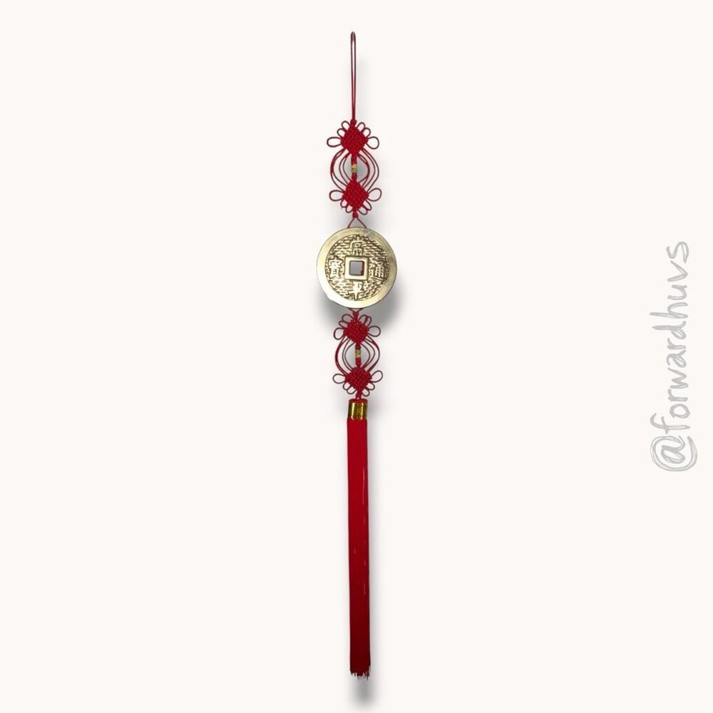 Large Chinese Feng Shui Metal Prosperity Coin Wall Hanging Red Knot Tassel 43”
